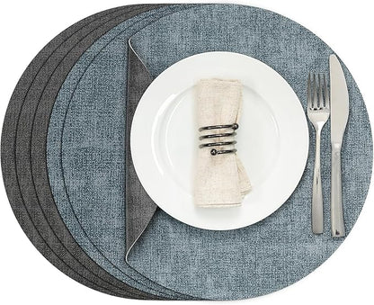 Myir JUN Round Placemats, Dual Sided Faux Leather Place Mats Set of 6 Indoor/Outdoor Non-Slip Washable Table Mats (Gray Light Blue, Set of 6)