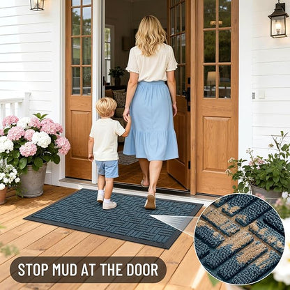 OLANLY Front Door Mat Outside Entrance 35x23, Absorbent, Heavy Duty Sturdy Natural Rubber Doormat Indoor Outdoor, Non-Slip, Stain and Fade Resistant, Low Profile Floor Mat for Entryway, Lake Blue