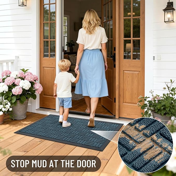 OLANLY Front Door Mat Outside Entrance 59x34, Absorbent, Heavy Duty Sturdy Natural Rubber Doormat Indoor Outdoor, Non-Slip, Stain and Fade Resistant, Low Profile Floor Mat for Entryway, Lake Blue