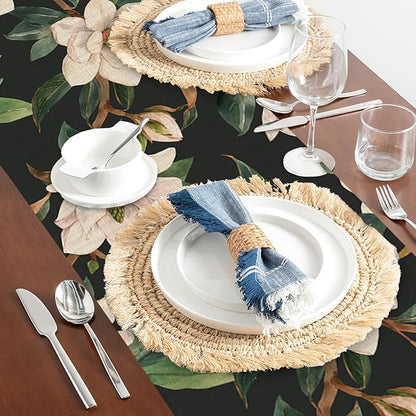 Table Runner White Magnolia Flowers Table Runners Summer Seasonal Kitchen Dinning Decor for Indoor Outdoor Holiday Home Wedding Party 13x70 Inch