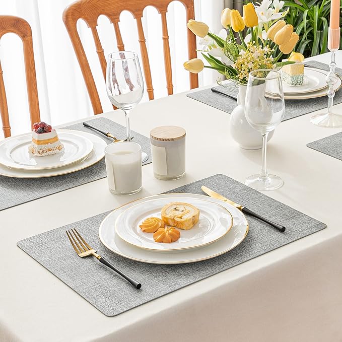 Romanstile Vinyl Placemats Set of 12-12 X 17 Inch - Heat Resistant Place Mats 100% Waterproof Oilproof Wipeable Reversible Faux Leather Table Mats for Kitchen, Dining, Party, Outdoor, Light Grey