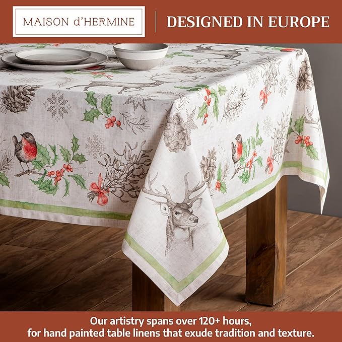 Maison d' Hermine Table Cloth Rectangle Table 100% Cotton 60 x 90 Inches Fall Tablecloth Reusable Everyday Use for Thanksgiving Christmas Decorations Dining Farmhouse Party (Christmas Dew)