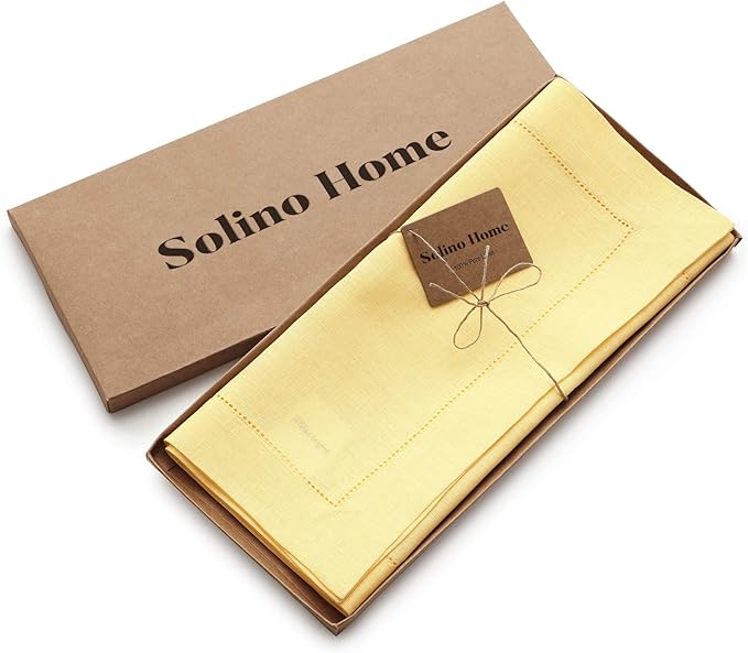 Solino Home Linen Yellow Table Runner 48 Inches - Classic Hemstitch, 100% Pure Linen Coffee Table Runner 14 x 48 Inch Ideal for Dresser Tables, Valentines, Spring, Easter