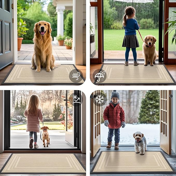 Buganda Front Door Mat Indoor Outdoor Entrance, Non-Slip Natural Rubber Doormats, Easy Clean, Low Profile, Dirt Trapper Entryway Floor Mats for Outside, Garages and Patios, 29.5x17, Beige