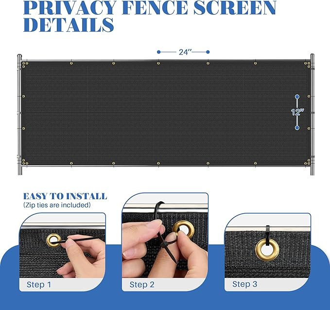 ECOOPTS 8'x44' Privacy Fence Screen Windscreen with Copper Grommets, Fit for Commercial Fence and Residential Garden Outdoor 90% UV Blockage, Cable Zip Ties Included (Black)