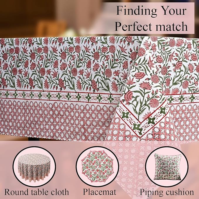 CPC Tablecloth 100% Cotton 70x108 Inch Indian Block Print Rectangle Table Cover, Gray Table Cloth for Weddings, Spring/Summer, Barbeque - Red Garnet