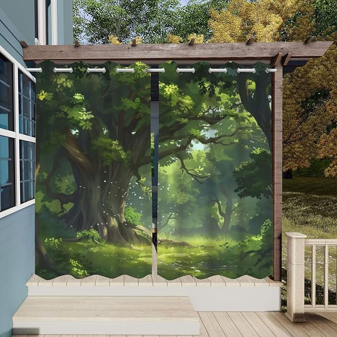 Nature Theme Waterproof Indoor/Outdoor Curtains,Forest Pattern,Privacy Curtains for Porch Pergola Arbor Lanai Pool House Outside Deck,2 Panel,W42 x L63,Green