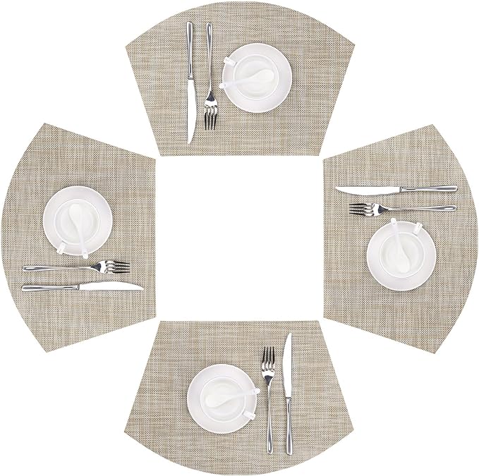 SHACOS Wedge Placemats Set of 4 for Small Round Table Woven Vinyl Table Placemats Wipe Clean CircleTable Mats Indoor Outdoor, Beige
