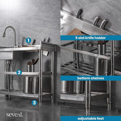 Stainless Steel Utility Sink Freestanding Laundry Sink with Pull-Out Faucet, Utility Tub with Bottom Shelves for Garage, Basement, Mudroom, or Workshop (Silver)