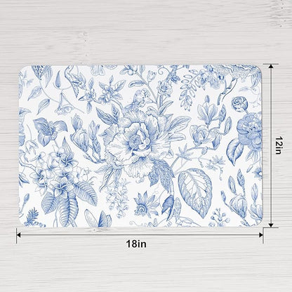 QIYI Placemats Set of 6, 12x18 Inch Faux Leather Place Mats for Kitchen Dinning, Heat Resistant Anti Slip Floral Table Mats, Waterproof Wipeable Washable Placemat Party Table Décor, Blue Flowers
