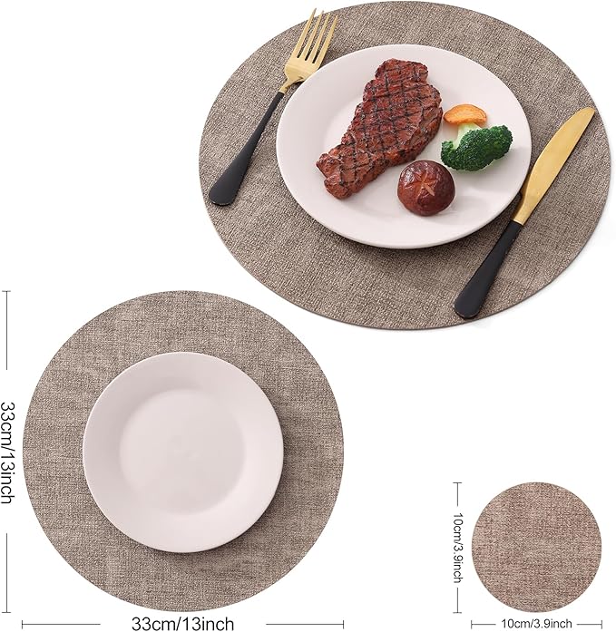 Homaxy Round Faux Leather Placemats and Coasters, Washable Dual-Side Table Mats, Wipeable Heat-Resistant Dining Place Mats for Outdoor and Indoor, Set of 4, Diameter 13 and 3.93 inch, Light Brown