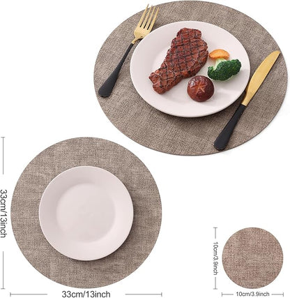 Homaxy Round Faux Leather Placemats and Coasters, Washable Dual-Side Table Mats, Wipeable Heat-Resistant Dining Place Mats for Outdoor and Indoor, Set of 4, Diameter 13 and 3.93 inch, Light Brown