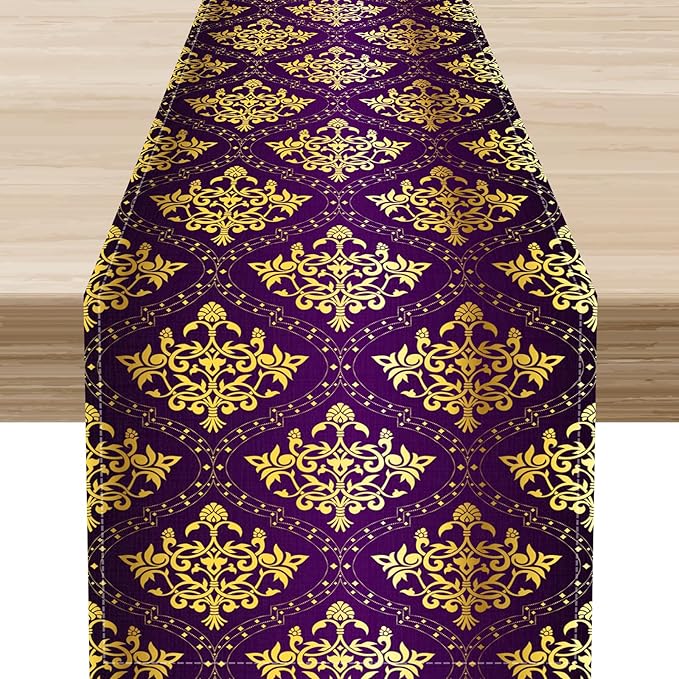Vintage Table Runner, Retro Antique Gothic Purple Damask Floral Flower Pattern Classic Boho Coffee Table Center Decor for Kitchen and Dining Outdoor Home Country Party Table Decorations, 13"x36"