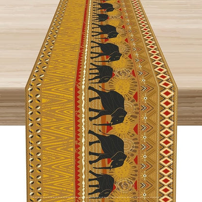 African Tribe Table Runner, Rustic Elephants Tribal Boho Diwali India Traditional Ethnic Folk Yellow Coffee Table Center Decor for Home Kitchen Room Holiday Party Outdoor Table Decorations, 13"x90"