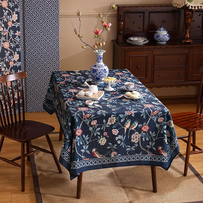patdrea Designer Vintage Dark Blue Linen Rectangular Tablecloth,Navy French Floral and Birds Pattern Table Cloth,Decoration Table Cover for Kitchen,Dining,Tea Party,Home,Christmas,63"*94"