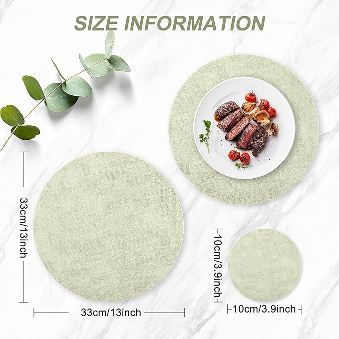 Round Faux Leather Placemats and Coasters, Set of 8, Reversible Heat Resistant Non-Slip Table Mats, Waterproof Wipeable Place Mats for Dining Table, Washable for Indoor & Outdoor (8, Light Green)