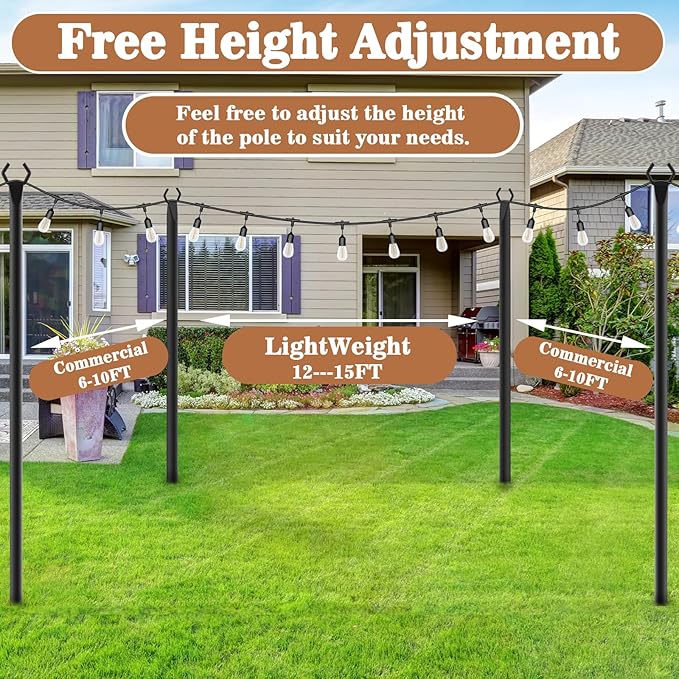 7 Pack String Light Poles,Metal Poles for Hanging Outdoor Light Strings,7 Pack 10 FT Light Poles Stand for Outside Garden,Patio,Wedding,Backyard,Deck,Party