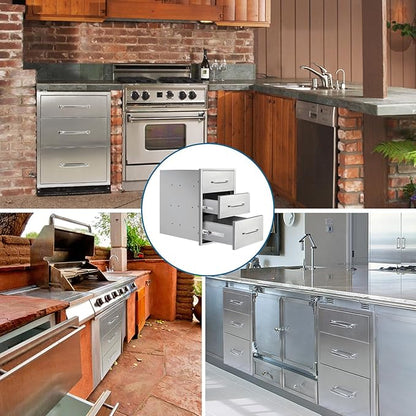 Outdoor Kitchen Drawers 14" Wx21 Hx21 D Flush Mount Access 3-Drawer BBQ Stainless Steel Drawers with Handle for Outdoor Kitchen Island or Grill Station