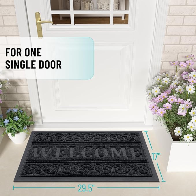 OLANLY Welcome Door Mat Indoor Outdoor Entrance, Heavy Duty Sturdy Front Door Mat, Waterproof All-Weather Doormat, Stain Resistant, Low Profile, Easy Clean Patio Entryway Mat, 29.5 x 17, Black