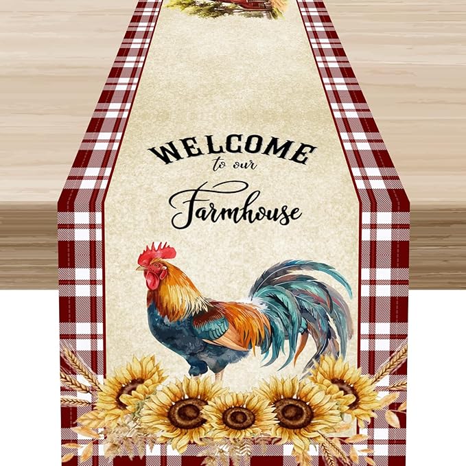 Rooster Table Runner, Farmhouse Red Plaid Sunflower Floral Chicken Farm Cow Pig Rustic Coffee Table Center Decor for Family Kitchen and Dining Room Outdoor Country Party Table Decorations, 13"x108"