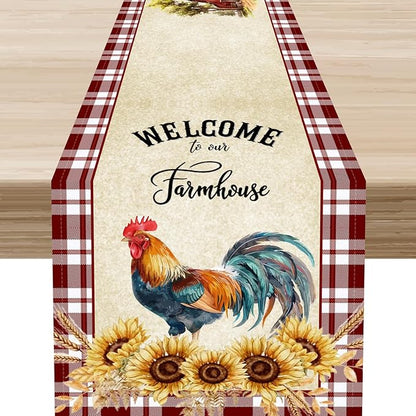 Rooster Table Runner, Farmhouse Red Plaid Sunflower Floral Chicken Farm Cow Pig Rustic Coffee Table Center Decor for Family Kitchen and Dining Room Outdoor Country Party Table Decorations, 13"x72"
