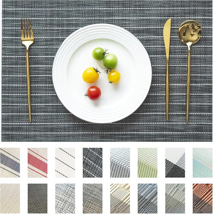 Placemats Set of 12 Vinyl/Plastic Woven Place Mats for Kitchen Table Indoor/Outdoor Washable Placemat Wipeable Dining Table Mats (Black Stripes,12)
