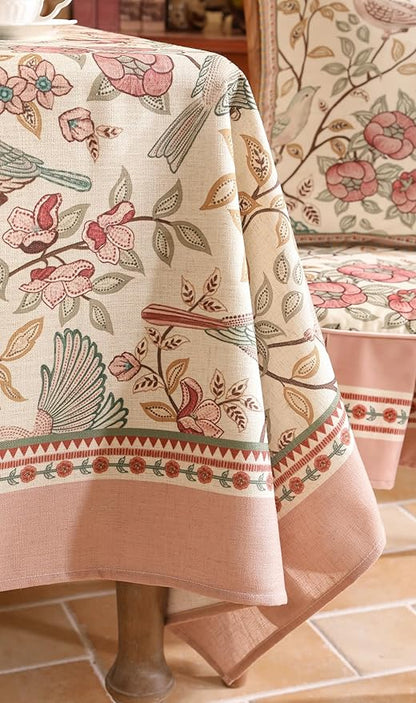 patdrea Designer Pink Linen Table Cloth for Rectangle Table,Vintage Floral with Birds Pattern Decorative Tablcloth,French Table Cover for Kitchen Dining,Thanksgiving,Christmas,63"x102"-Kulom a
