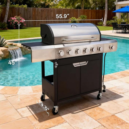 Endark Upgraded 68,500 BTU 6-Burner Propane Gas Grill with Side Burner | Stainless Steel Outdoor BBQ Grill with Porcelain Grates & Wheels for Patio, Garden, Backyard