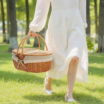 GRANNY SAYS Wicker Picnic Basket for 2 with Handles, Woven Cute Boo Basket with Washable Liner & Dual-Flip Lid, Vintage Large Picnic Baskets for Camping, Outdoor, Easter, Gift, Costume, Flower Liner