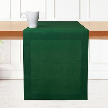 D'Moksha Homes Linen Forest Green Table Runner 90 Inches Long - 100% Pure Linen 14 x 90 Inch Table Runner for Dining, Winter, Holiday - Machine Washable