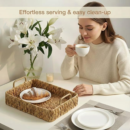 Set of 2 Rectangular Wicker Trays with Handles - Decorative Trays for Coffee Table, Ottoman, Dining Room, Living Room (Natural)