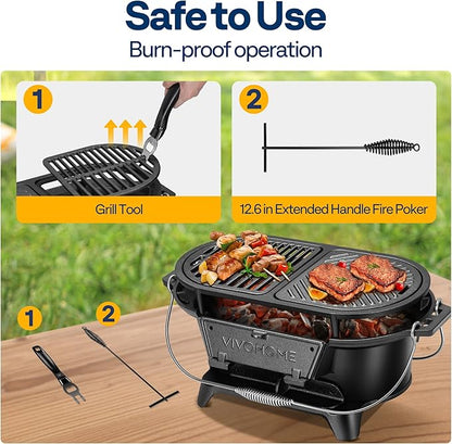 VIVOHOME Oval Cast Iron Grill with Interchangeable Grates & Griddle, 2 Furnace Doors for Heat Control, Includes Gloves, Poker and UV-Resistant Cover