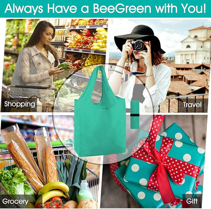 BeeGreen Reusable-Grocery-Bags-Foldable-Machine-Washable-Reusable-Shopping-Bags-Bulk Colorful 10 Pack 50LBS Extra Large Folding Reusable Bags Totes w Zipper Storage Pouch Lightweight Polyester Fabric