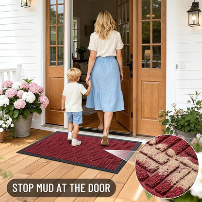 OLANLY Front Door Mat Outside Entrance 33x21, Absorbent, Heavy Duty Sturdy Natural Rubber Doormat Indoor Outdoor, Non-Slip, Stain and Fade Resistant, Low Profile Floor Mat for Entryway, Black Red