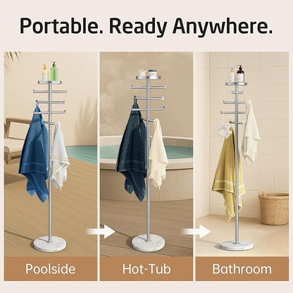 KES Hot Tub Towel Rack Outdoor with Natural Marble Extra Weight Base, 8 Arms 360° Adjustable 59in Outdoor Towel Rack for Pool with Storage Tray, 18/8 Stainless Steel, Brushed Finish, OTR204-2