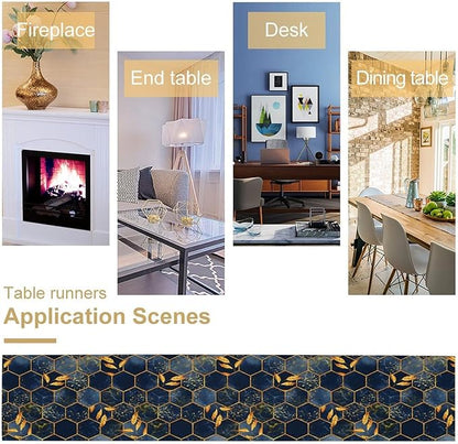 Marble Table Runner, Dark Blue Gold Modern Marble Leaf Aesthetic Geometric Table Runner for Indoor Home Living Room Party Dining Kitchen 13x120in