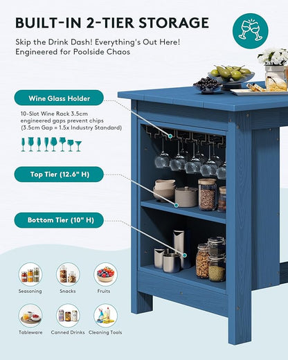 SERWALL Outdoor Bar Table, All Weather HDPE 36" Counter Height Dining Table with Storage and Wine Rack for Patio, Garden, Backyard, Balcony, Poolside, Blue