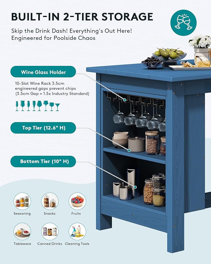 SERWALL Outdoor Bar Table and Chairs Set, 3-Piece HDPE Counter Height Patio Dining Sets with Storage and Wine Rack, Rectangular High Top Bar Table with 2 Bar Stools for Garden, Backyard, Blue