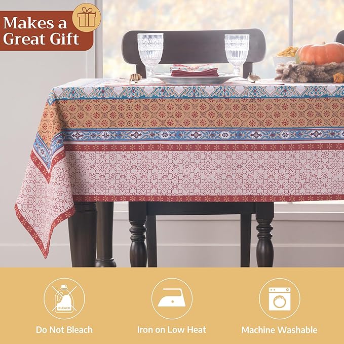 Maison d' Hermine Table Cloth Rectangle Table 100% Cotton 70 x 108 Inches Fall Tablecloth Reusable Everyday Use for Thanksgiving Christmas Decorations Dining Farmhouse Party (Romane)