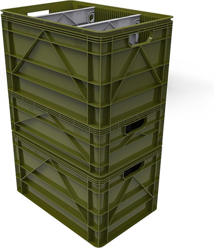 SIDIO Crate Basic Pack - 2 Full-Size & 1 Half-Size Heavy Duty Stackable Storage Bins, Totes and Containers with Dividers - Durable Plastic Organizer for Home, Office, Garage, and Outdoor Use, Green