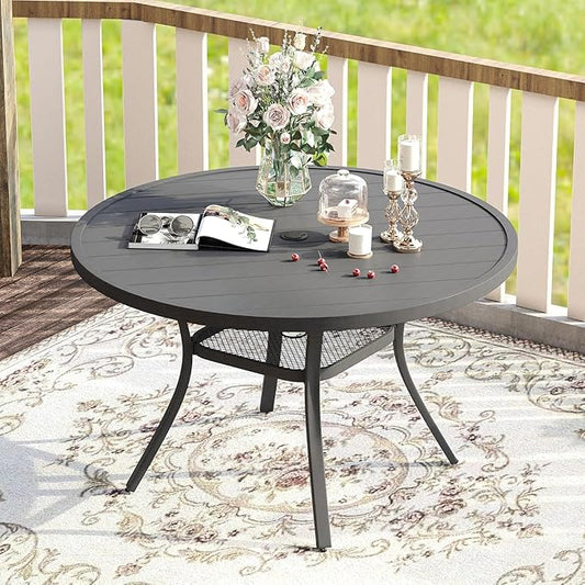 VICLLAX 47.2" Outdoor Round Patio Table for Lawn Garden, All Weather Metal Round Patio Dining Table with Adjustable Umbrella Hole, 6 Person Patio Table, Grey Tabletop