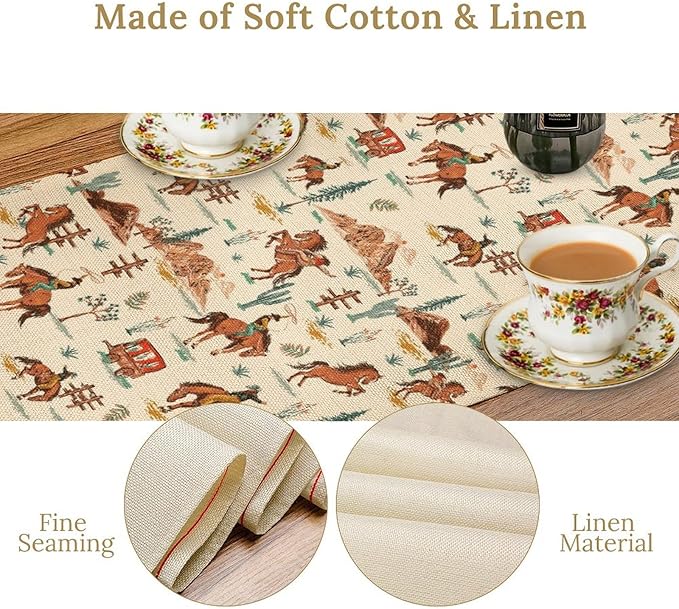 Western Cowboy Table Runner, Rustic Country Cowboy Riding Horse Desert Table Runner for Home Kitchen Dining Patio Indoor Farmhouse Coffee Outdoor 13x60in