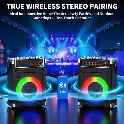 JYX Karaoke Machine with 2 Wireless Microphones, Portable Bass/Treble Bluetooth Speaker with LED Light, Support TWS, AUX in, FM, REC PA System with Remote Control, Supply for Party/Adults/Kids