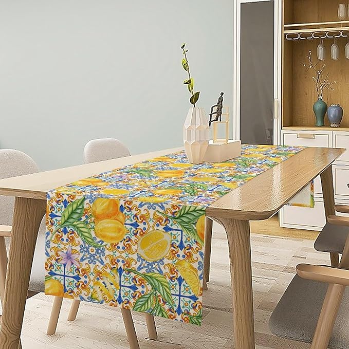 Lemon Tiles Table Runner, Blue Yellow Kitchen Summer Flower Table Runner for Home Kitchen Indoor Outdoor Patio Party 13x60in