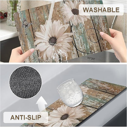 White Sunflower Placemats set of 4 - Floral Faux Leather Heat Resistant Placemats for Dinner Table, Non-Slip Waterproof Oil-Proof Washable Reusable Placemat for Indoor Outdoor Kitchen, 15.75In*11.81In