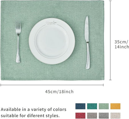 BALCONY & FALCON Placemats Set of 4 Faux Linen Cloth Place Mats Washable Waterproof Wrinkle Resistant Table Placemats for Dining Kitchen Farmhouse Indoor & Outdoor Use(Celadon Green, 13.8”x 17.7”