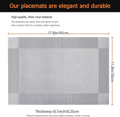 Placemats Set of 12 Washable&Wipeable Silver Place mats for Dining Table Kitchen Indoor Outdoor Table Mats Heat Resistant Non Slip Woven Vinyl Table Placemats (Grey，12PCS)
