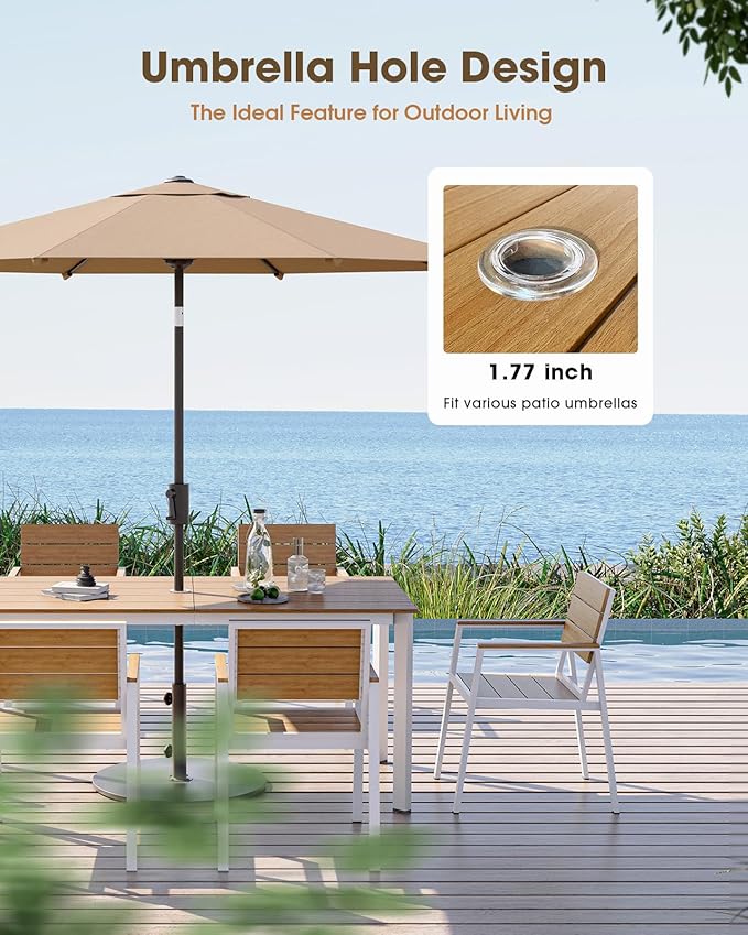Outdoor Patio Dining Table, Aluminum & HDPS Outdoor Table with Umbrella Hole, All-Weather for Deck, Garden, Lawn, Backyard, Poolside and Indoor Use (White & Teak)