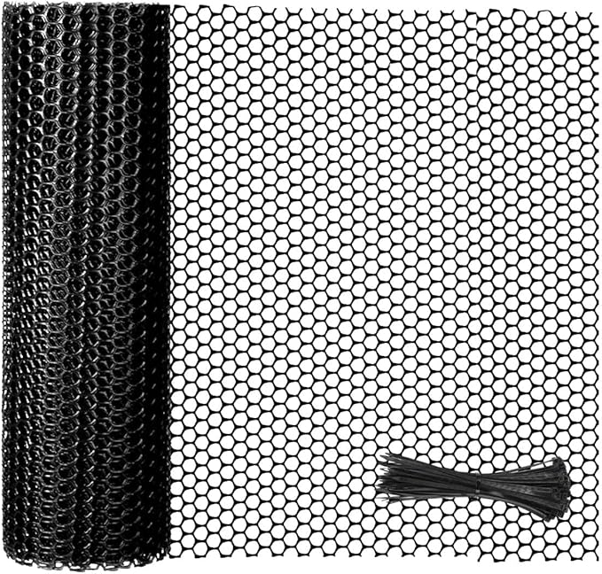 Plastic Chicken Wire Mesh Fence Roll with Zip Ties,15.7inx32.8ft Black,Chicken Wire Fencing,Garden Fence Animal Barrier for Dogs, Cats & Poultry,Easy Install