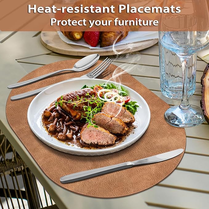 ADRIMER Placemats, Heat Resistant Oval Placemats Set of 8 Washable 12 x 17 Inch, Waterproof Table Mats, Wipeable Pu Place Mats for Kitchen, Dining Room, Sandy Light Brown